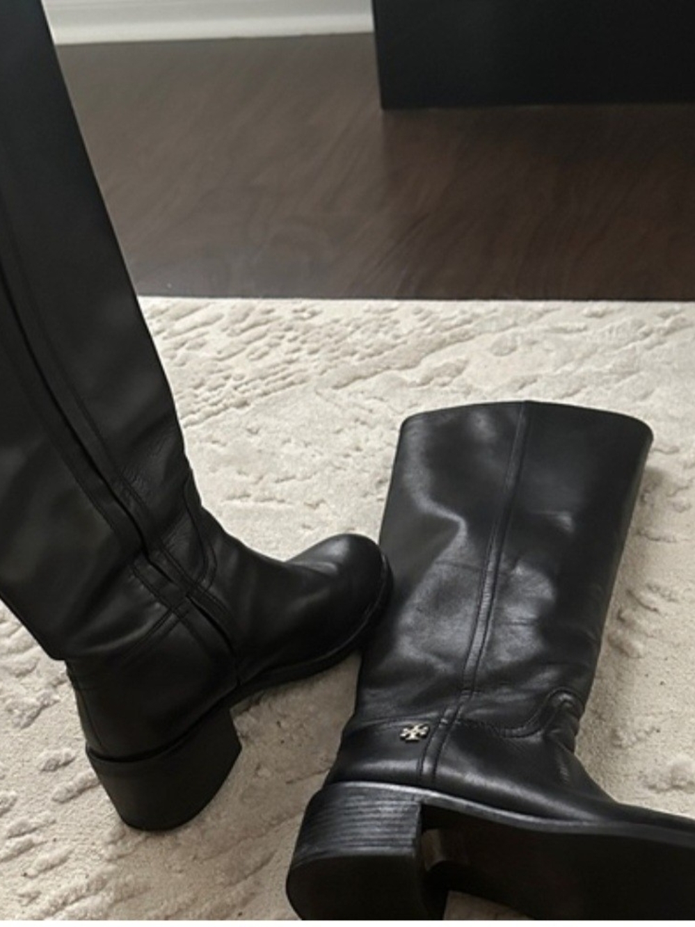 Tory Burch Black Leather Mid-Heel Knee Boots